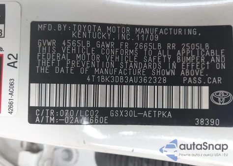2010 Toyota Avalon Limited z USA, uszkodzony, nr VIN 4T1BK3DB3AU362328